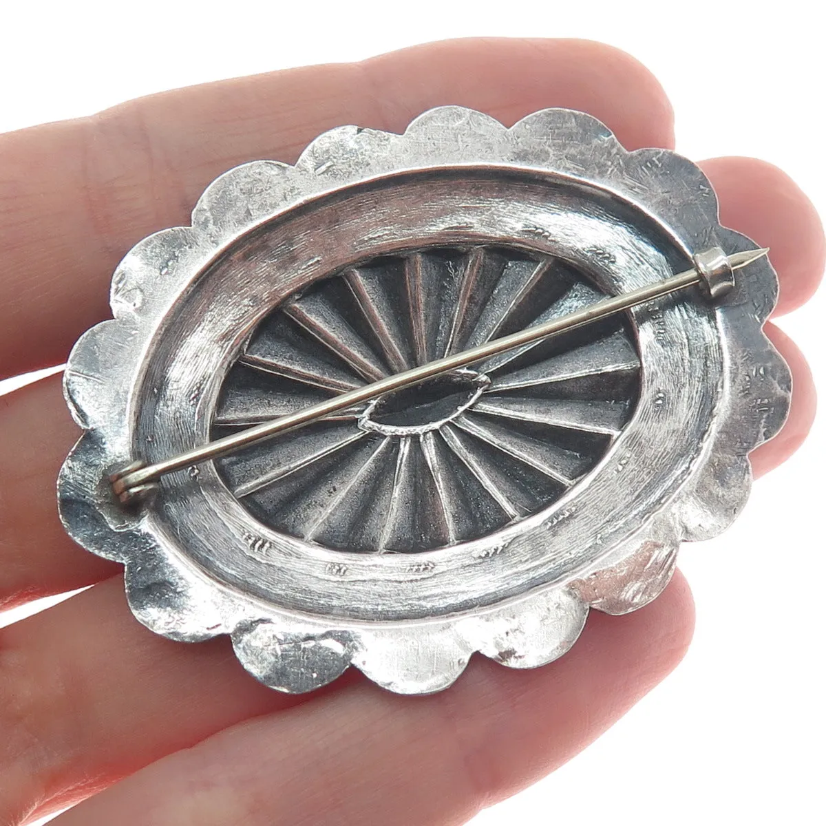 Old Pawn 925 Sterling Silver Vintage Southwestern Concho Oxidized Pin Brooch