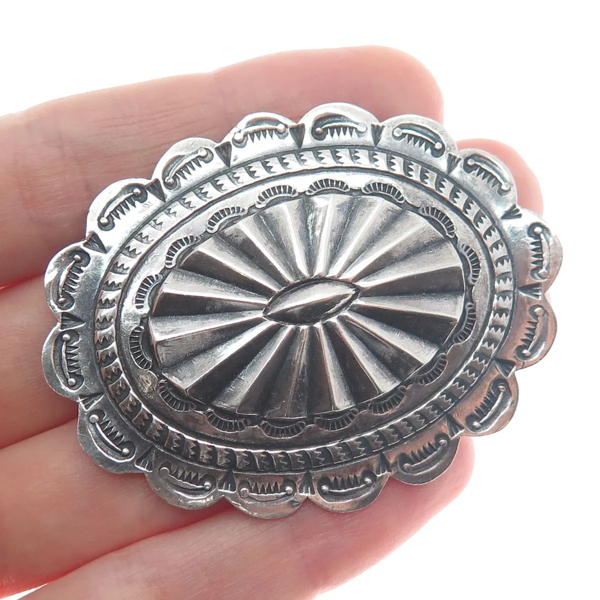 Old Pawn 925 Sterling Silver Vintage Southwestern Concho Oxidized Pin Brooch