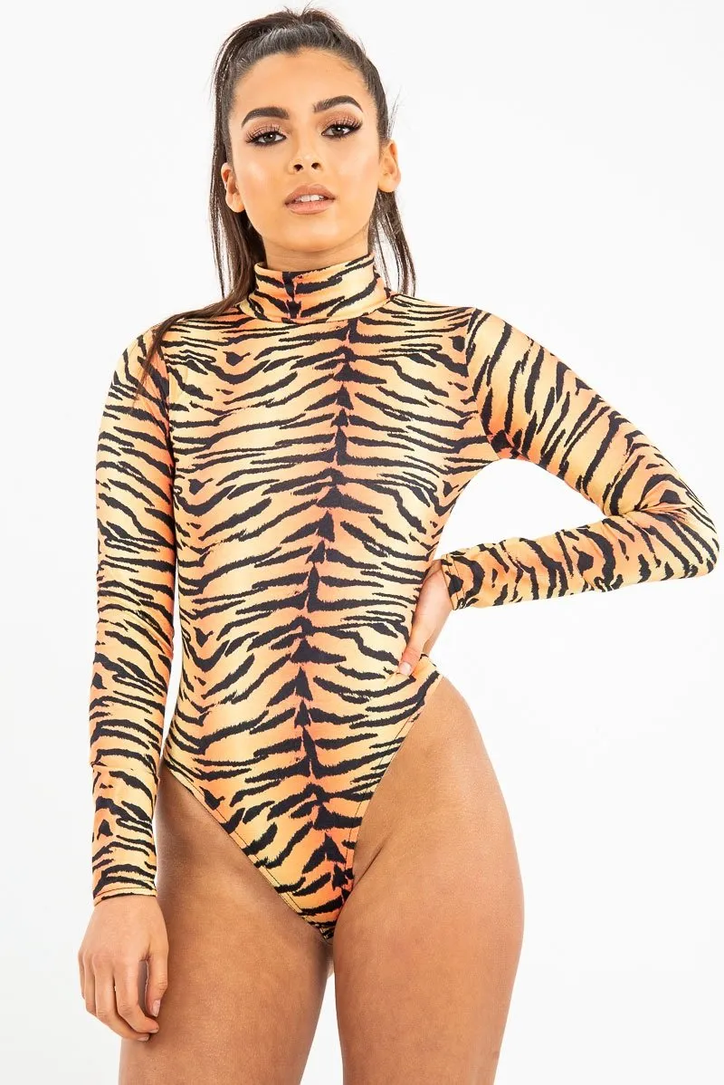 Orange Long Sleeve Tiger Print Bodysuit - Reylee