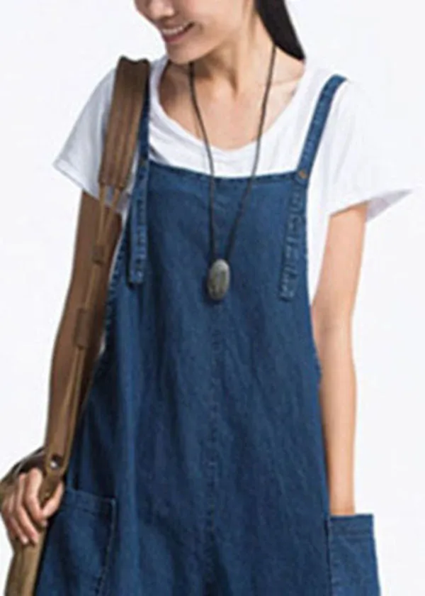 Organic Blue Pockets Solid Color Cotton Denim Jumpsuits Wide Leg Pants