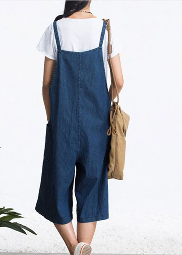 Organic Blue Pockets Solid Color Cotton Denim Jumpsuits Wide Leg Pants