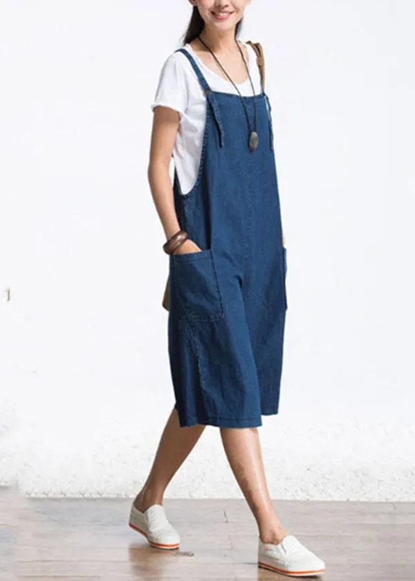 Organic Blue Pockets Solid Color Cotton Denim Jumpsuits Wide Leg Pants