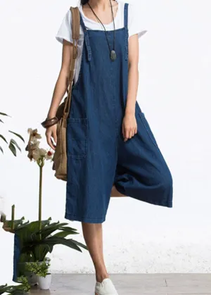 Organic Blue Pockets Solid Color Cotton Denim Jumpsuits Wide Leg Pants