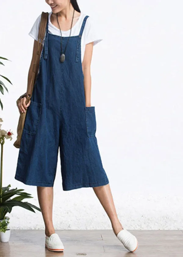 Organic Blue Pockets Solid Color Cotton Denim Jumpsuits Wide Leg Pants