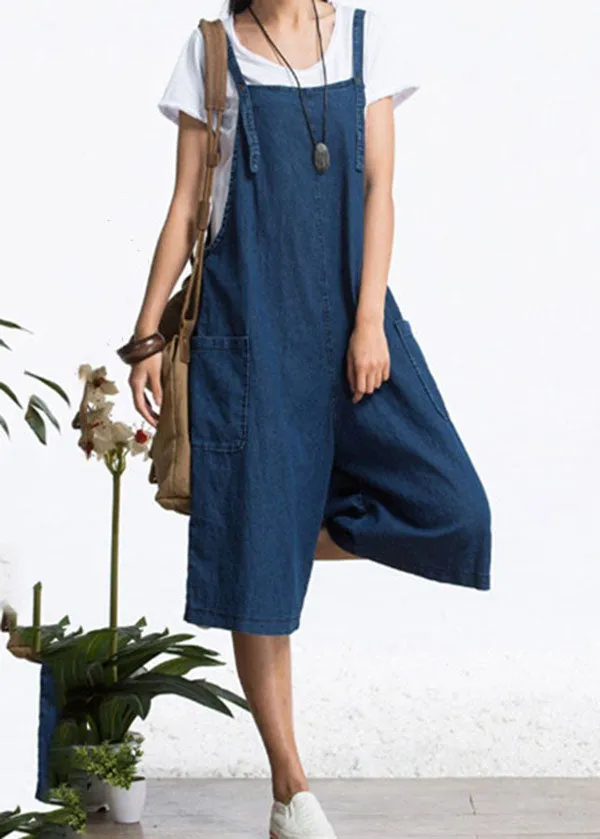 Organic Blue Pockets Solid Color Cotton Denim Jumpsuits Wide Leg Pants