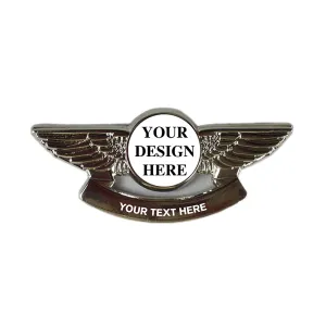 Pilot Wings Pin with Custom Round Logo Bottom Text - 2 inch