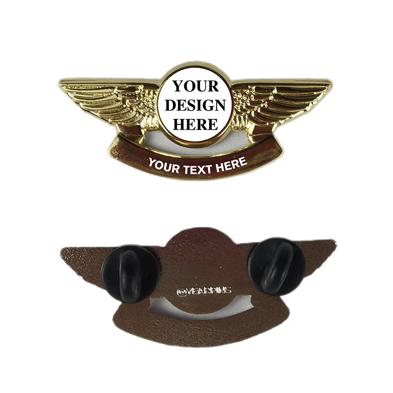 Pilot Wings Pin with Custom Round Logo Bottom Text - 2 inch