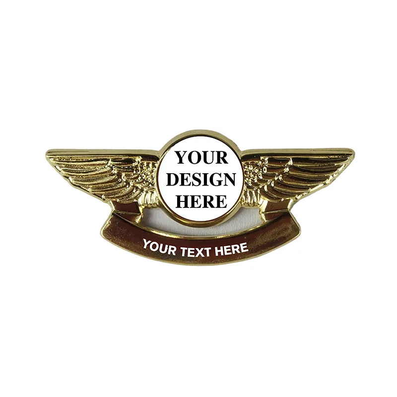 Pilot Wings Pin with Custom Round Logo Bottom Text - 2 inch