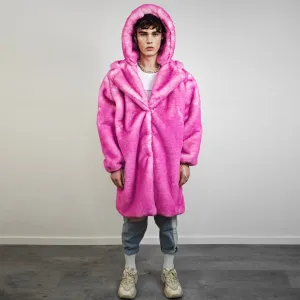Pink fur coat neon long trench fluorescent psychedelic overcoat heavy rave bomber festival geometric jacket custom going out bright peacoat
