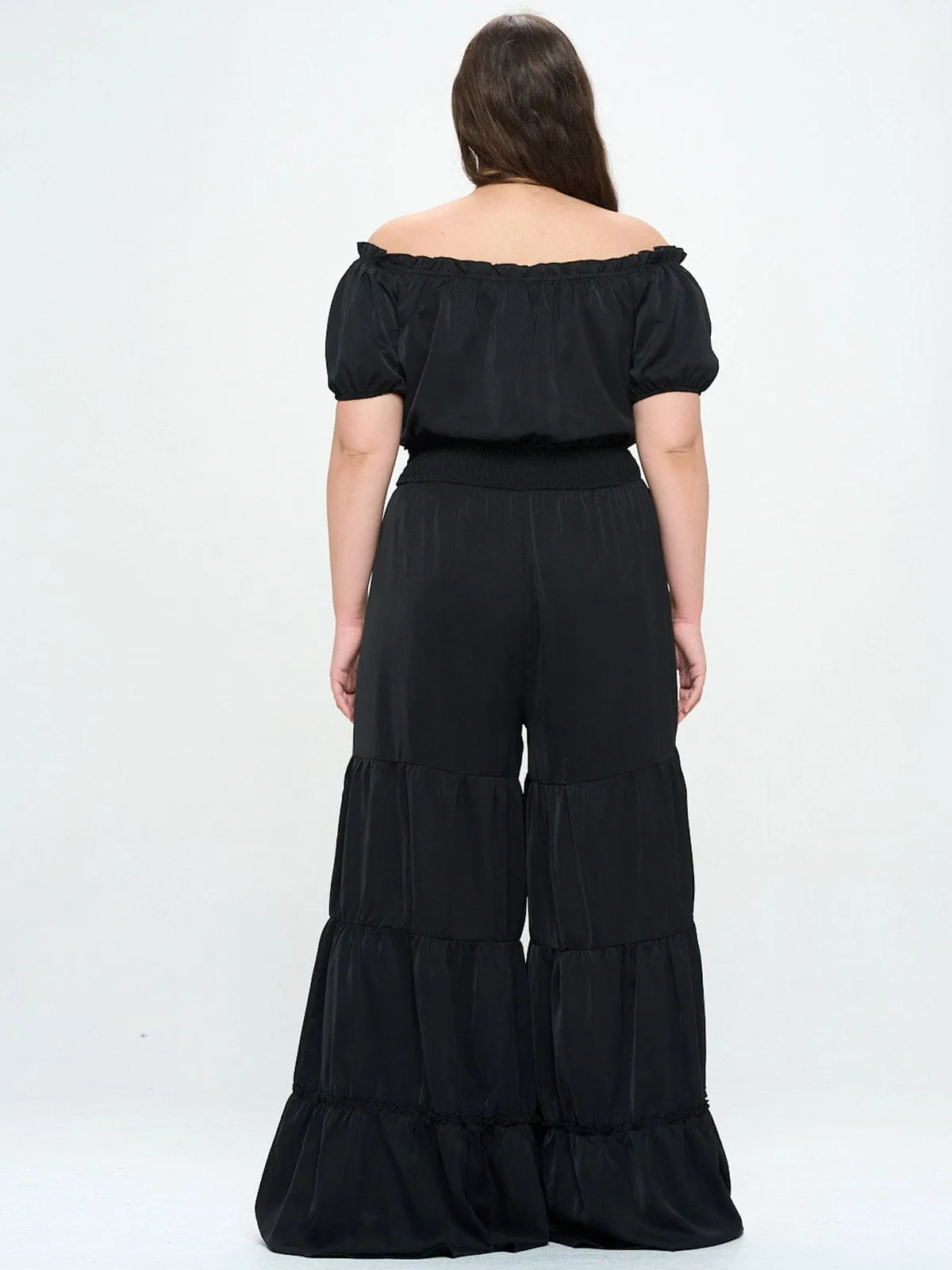 PLUS SIZE OFF SHOULDER SMOCK WAIST LACE TIERED JUMPSUIT