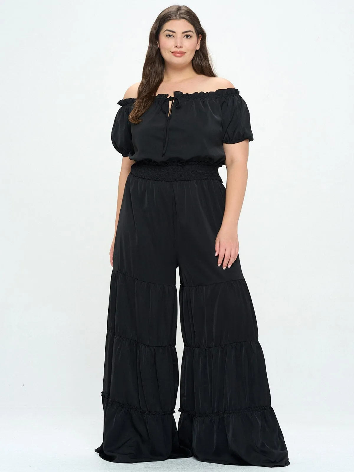 PLUS SIZE OFF SHOULDER SMOCK WAIST LACE TIERED JUMPSUIT