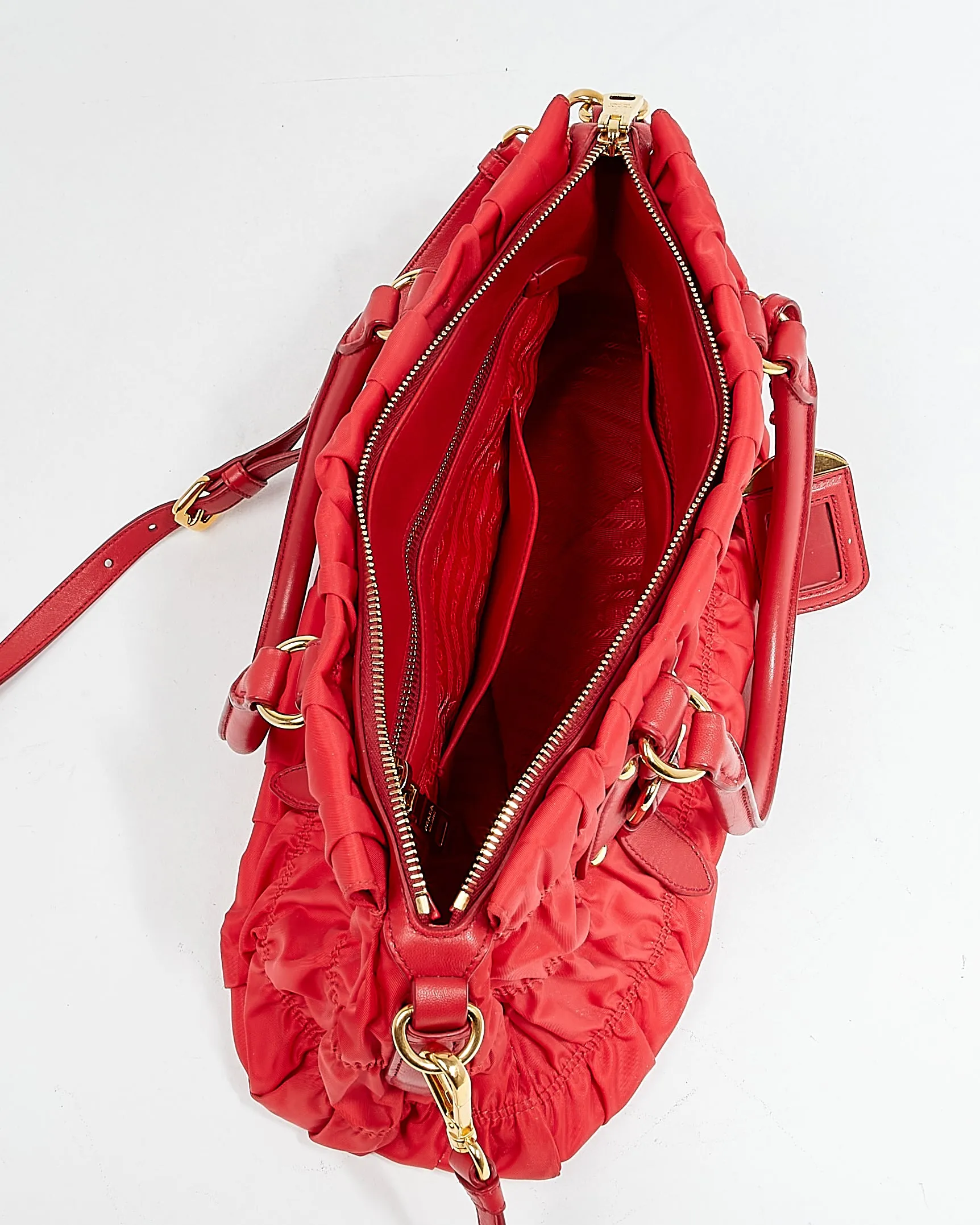 Prada Red Tessuto Nylon Gauffre Ruched Shoulder Bag