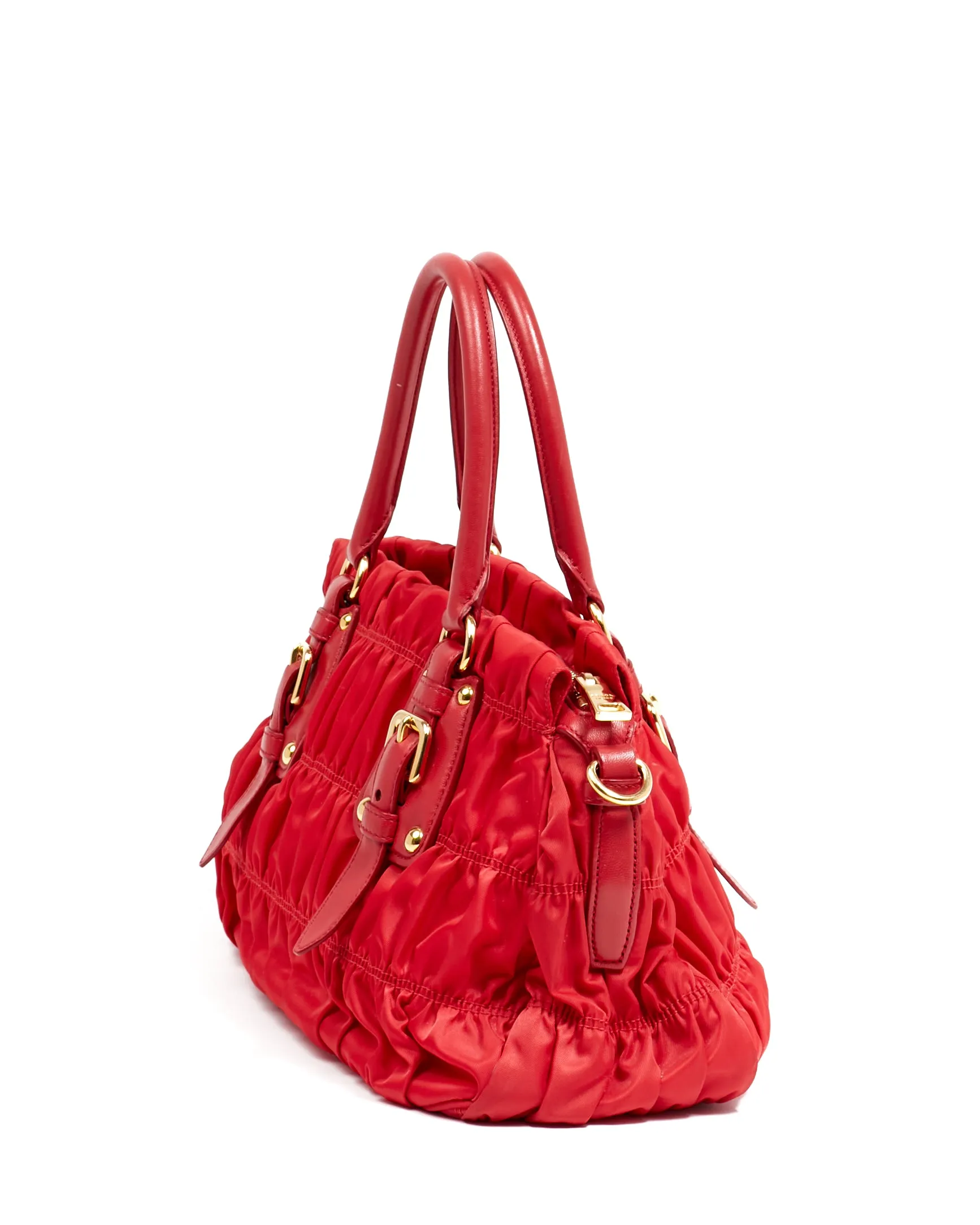 Prada Red Tessuto Nylon Gauffre Ruched Shoulder Bag