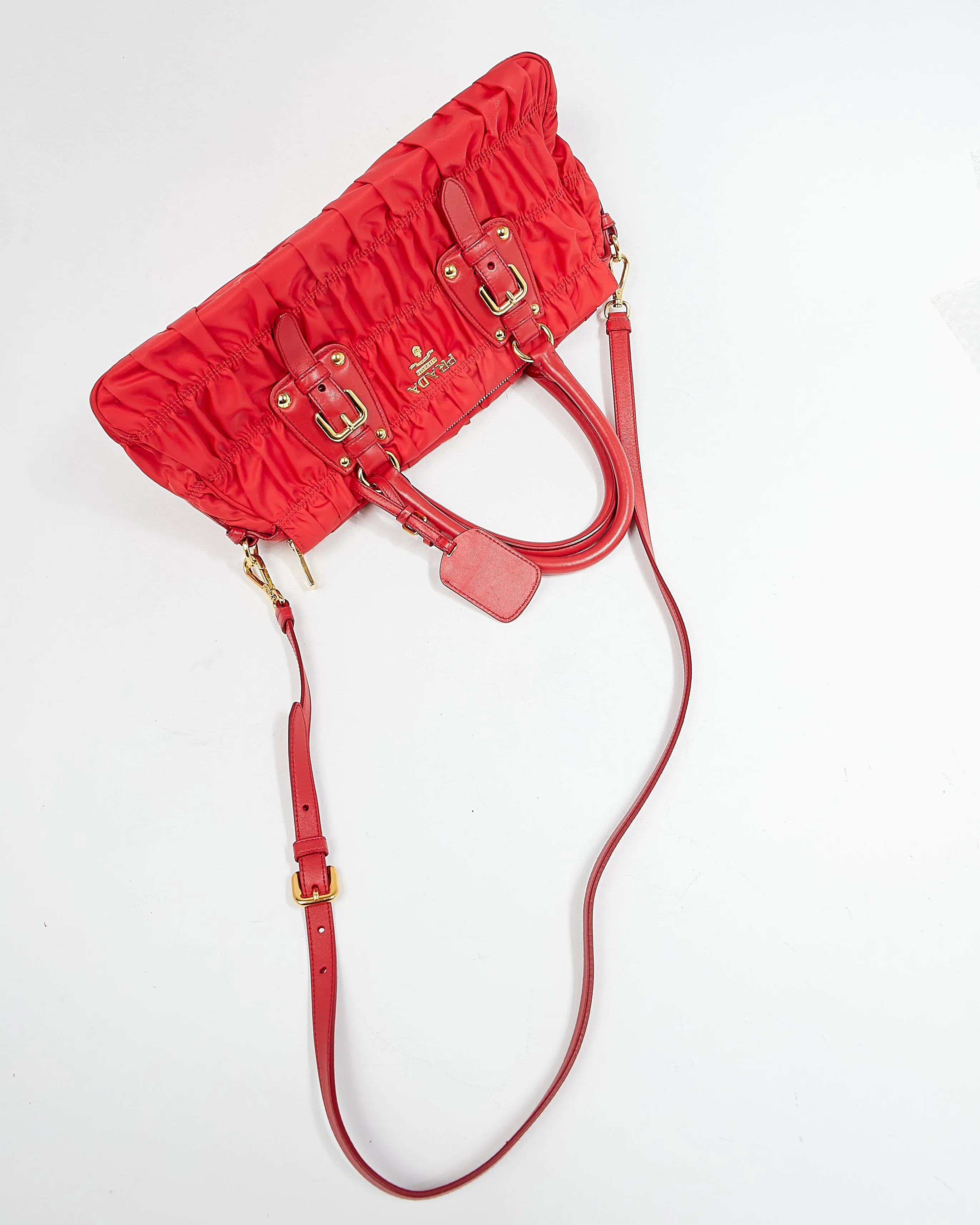 Prada Red Tessuto Nylon Gauffre Ruched Shoulder Bag