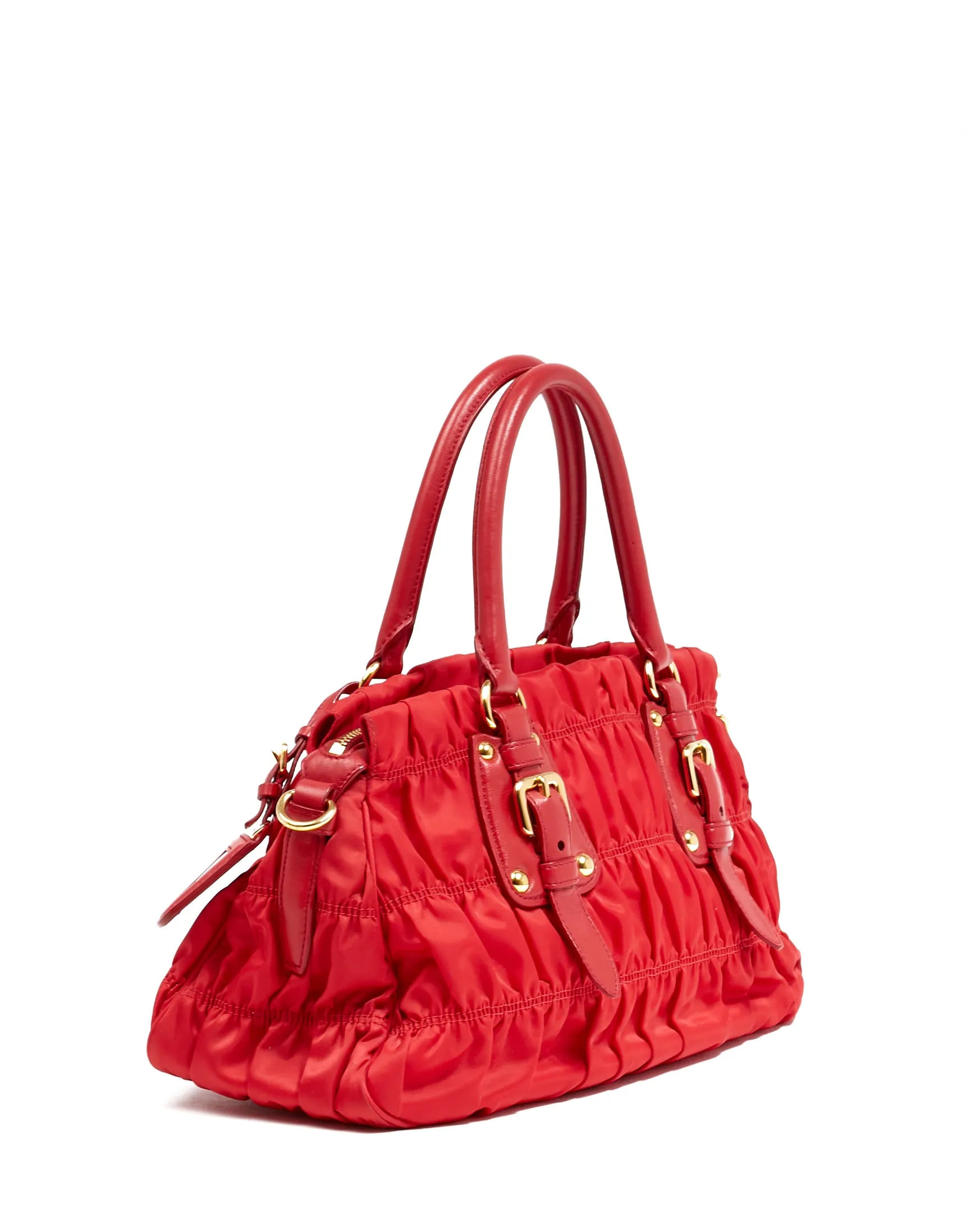 Prada Red Tessuto Nylon Gauffre Ruched Shoulder Bag