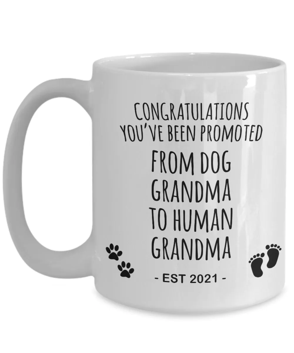 Promoted From Dog Grandma To Human Grandma Mug Est 2021 Pregnancy Reveal Announcement New Baby Coffee Cup