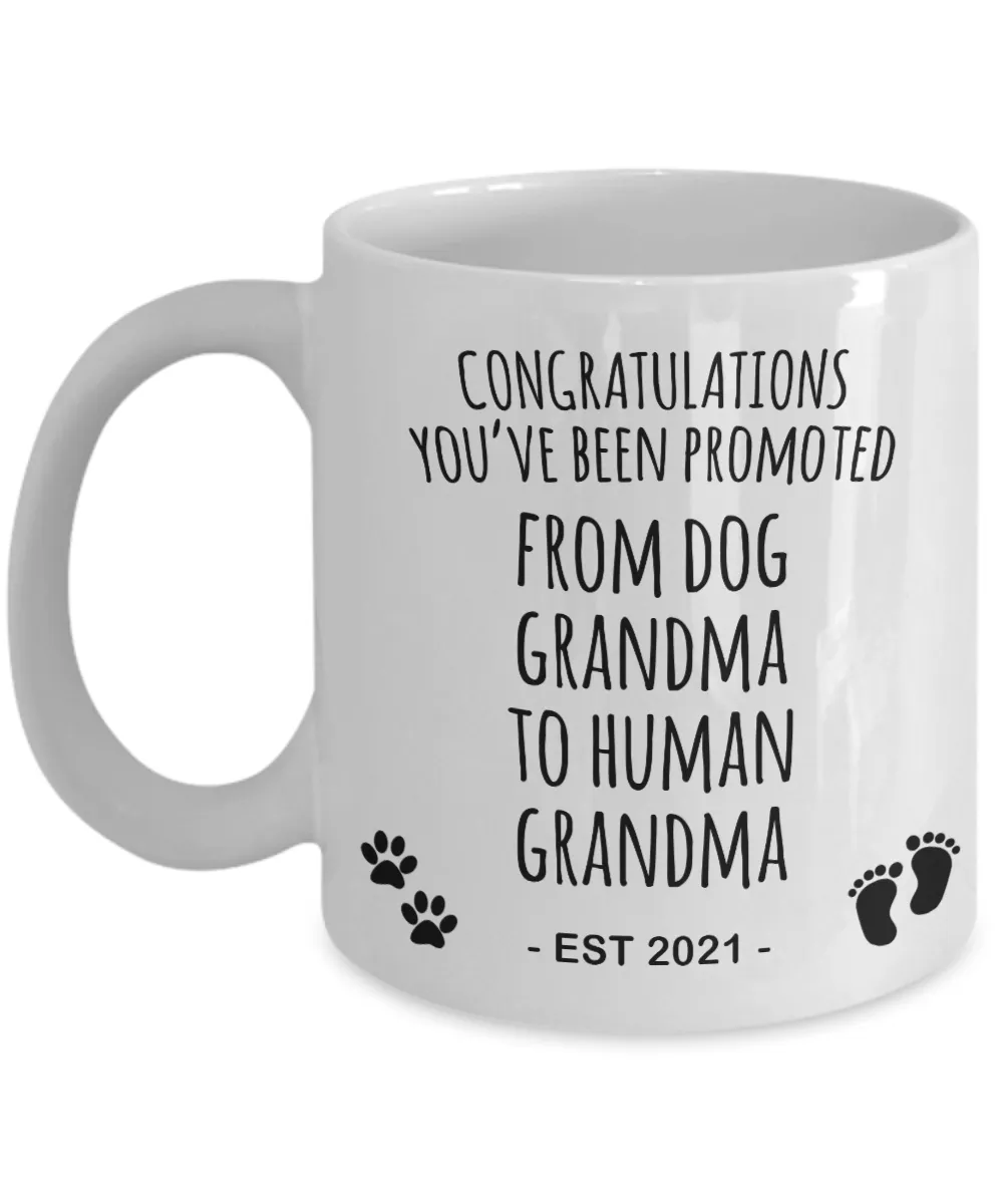 Promoted From Dog Grandma To Human Grandma Mug Est 2021 Pregnancy Reveal Announcement New Baby Coffee Cup