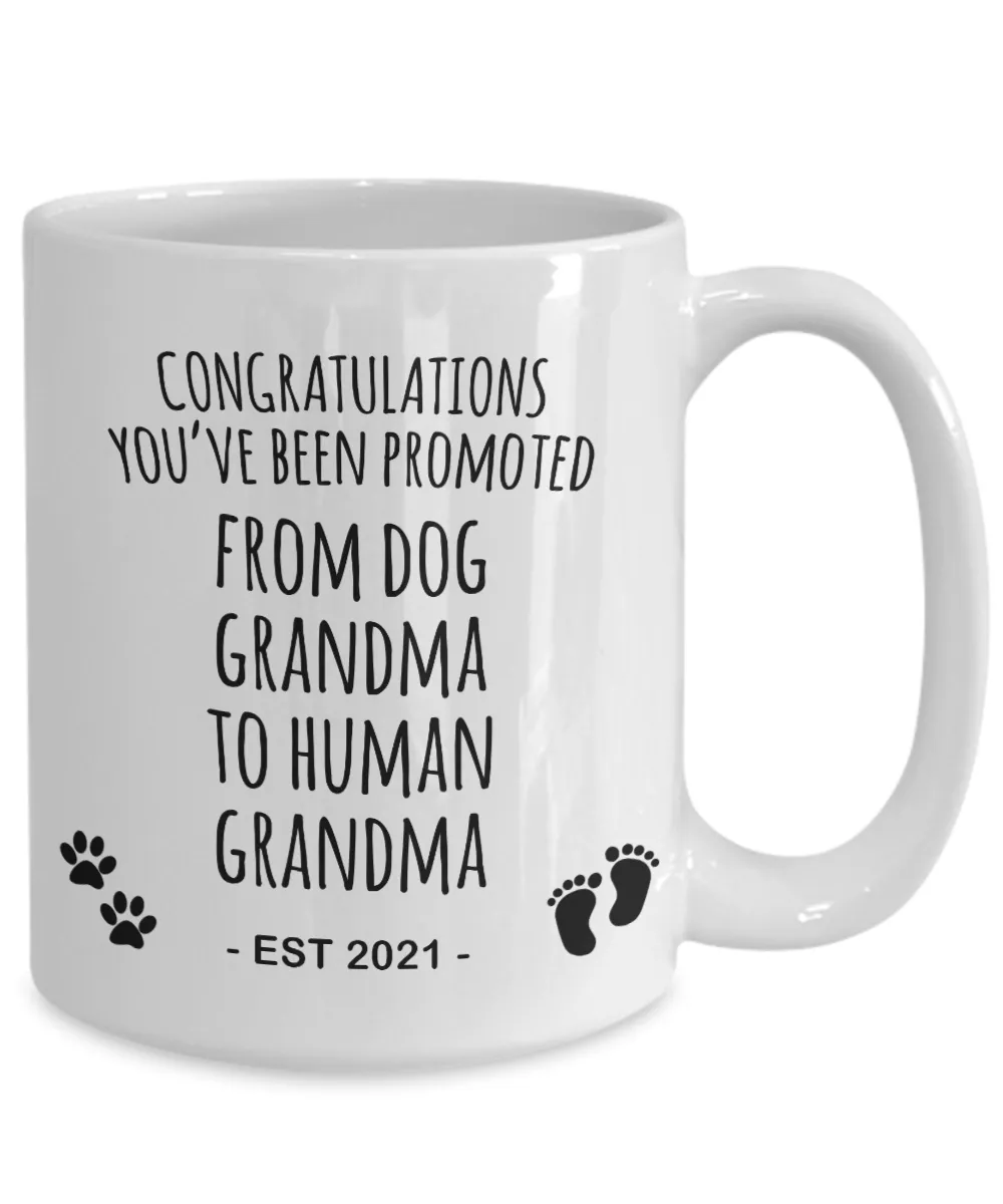 Promoted From Dog Grandma To Human Grandma Mug Est 2021 Pregnancy Reveal Announcement New Baby Coffee Cup