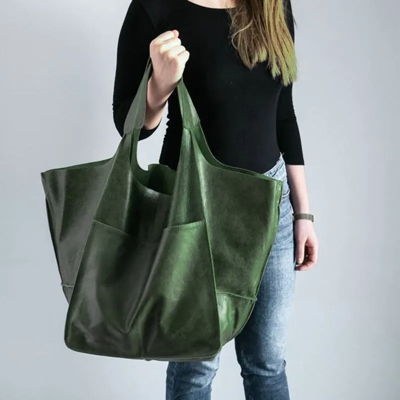 Realaiot Soft Large Capacity Tote Bag Shopper Bag  Women Handbag Luxury Pu Leather Shoulder Bag Retro Oversized Women's Bag