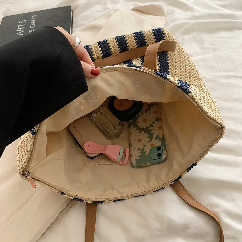 Realaiot Summer Straw Woven Top-Handle Handbags Casual Large Capacity Women Shoulder Bags Shopping Bags Beach Vacation Female Totes Bags