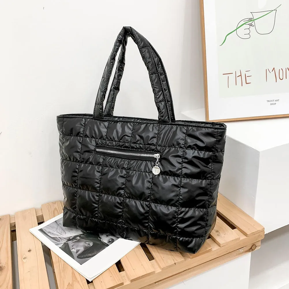 Realaiot Winter Down Bag Quilted Space Cotton Handbags For Women Large Capacity Tote Bags Female Wide Strap Feather Padded Crossbody