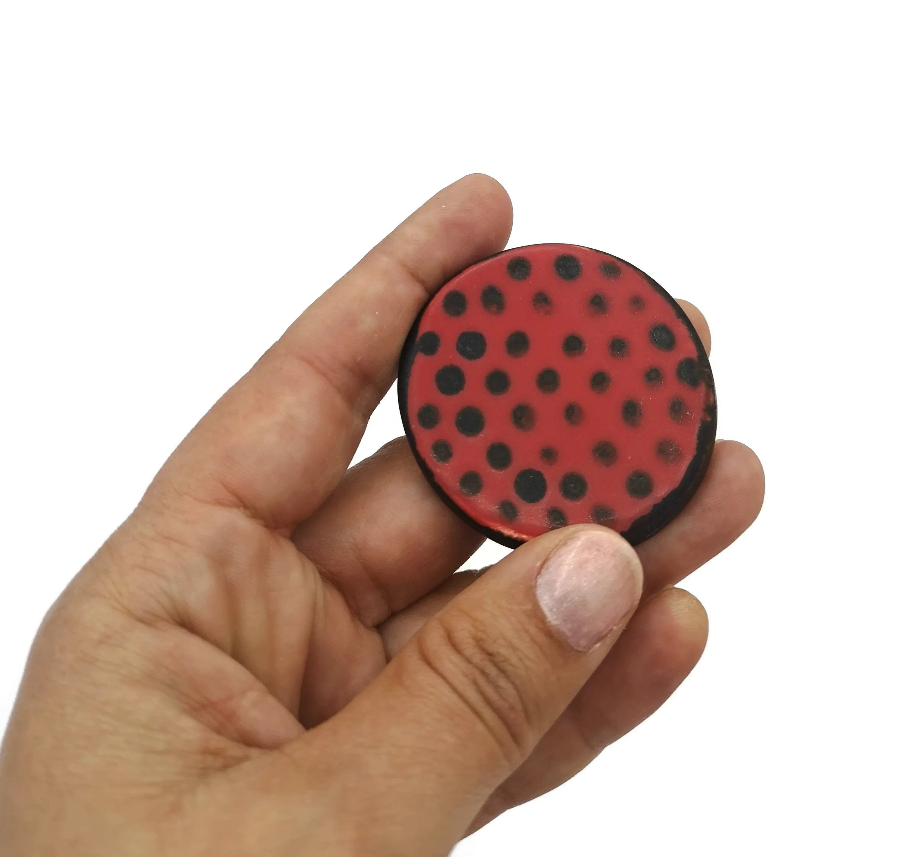 Red & Black Handmade Ceramic Brooch Pin For Woman, Round Clay Brooch For Her, Scarf Broach Pin, Jewelry Mothers Day Gift From Daughter