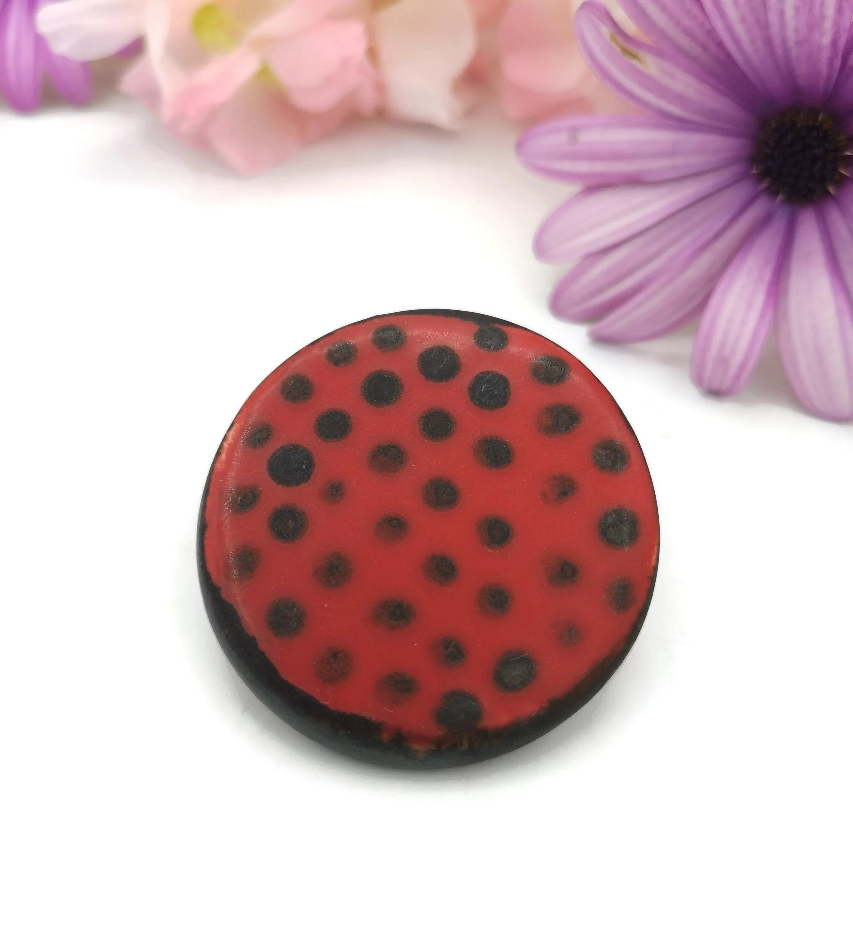 Red & Black Handmade Ceramic Brooch Pin For Woman, Round Clay Brooch For Her, Scarf Broach Pin, Jewelry Mothers Day Gift From Daughter