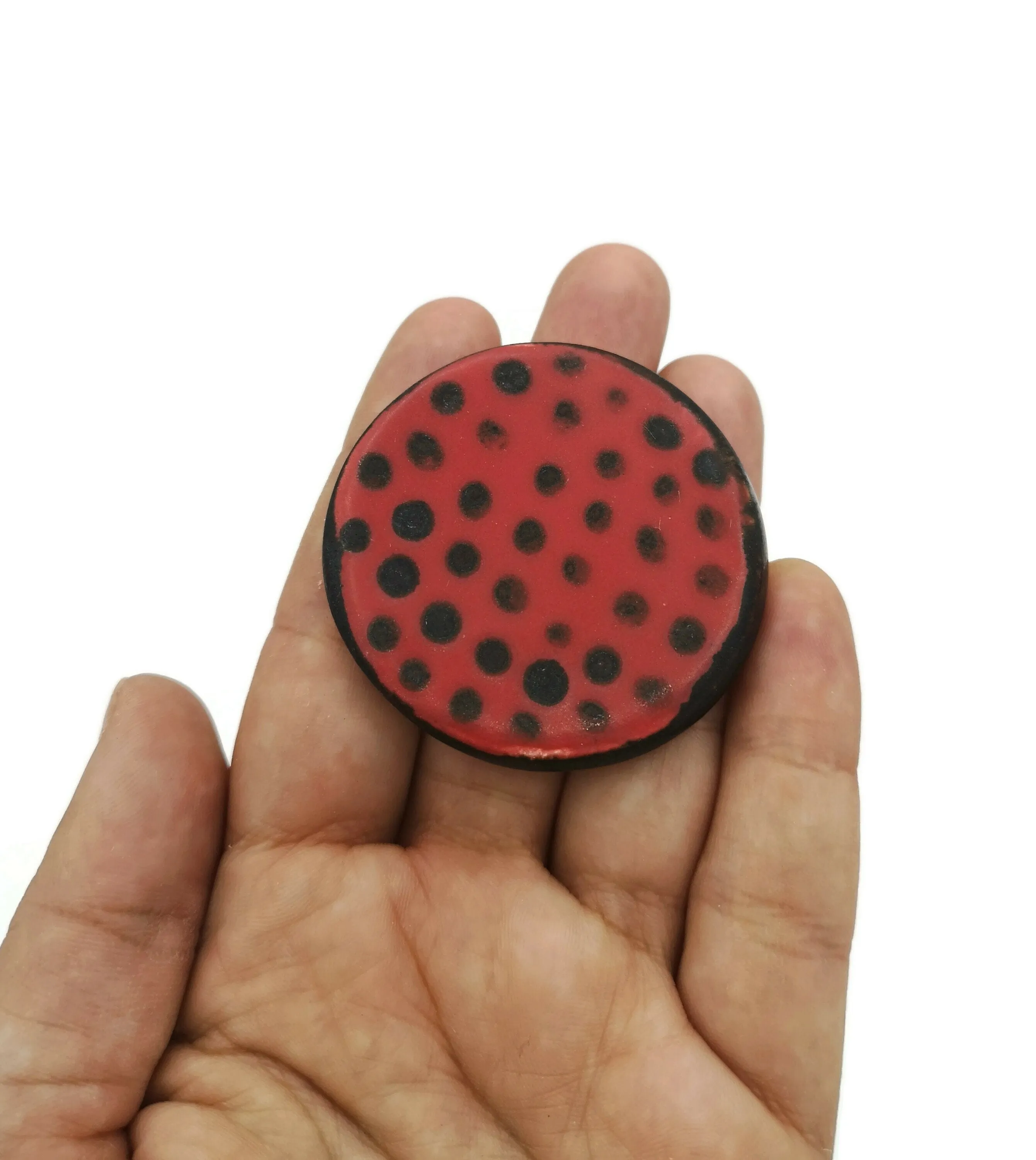 Red & Black Handmade Ceramic Brooch Pin For Woman, Round Clay Brooch For Her, Scarf Broach Pin, Jewelry Mothers Day Gift From Daughter