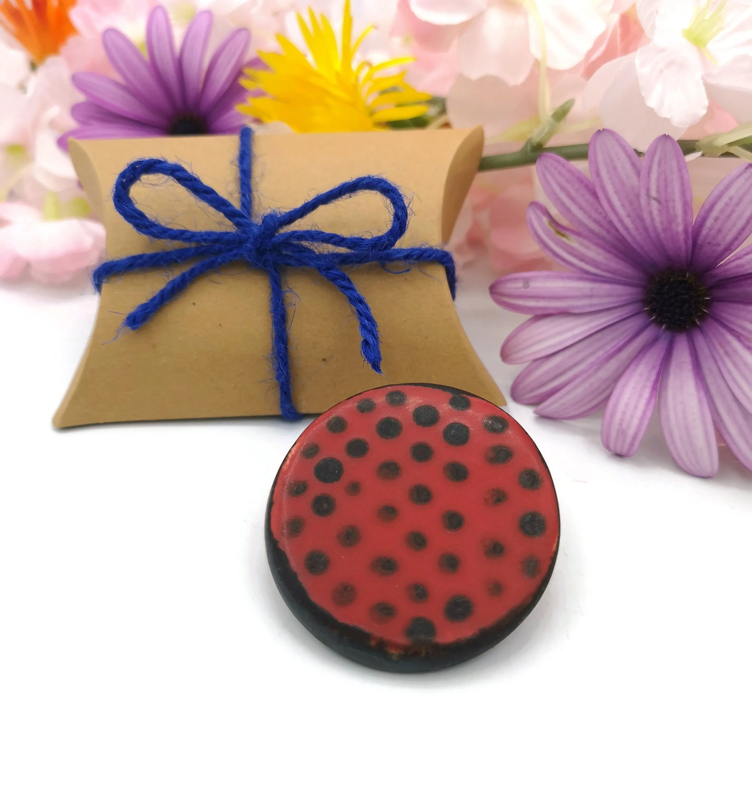 Red & Black Handmade Ceramic Brooch Pin For Woman, Round Clay Brooch For Her, Scarf Broach Pin, Jewelry Mothers Day Gift From Daughter