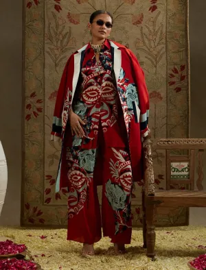 Red mask print trench coat