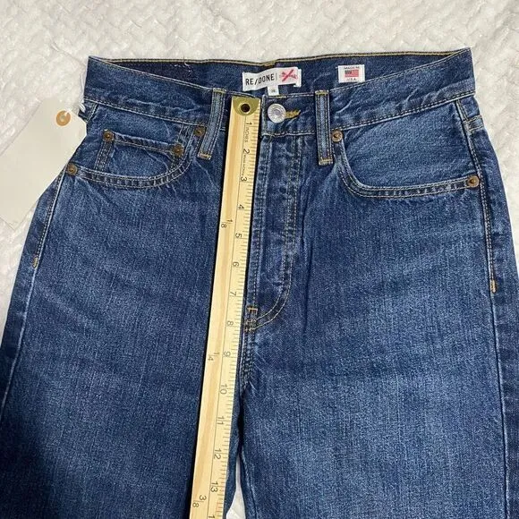 RE/DONE Blue Dark Wash The Leandra High Rise Crop Flare Raw Hem Jeans 26