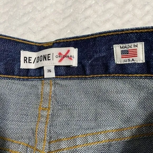 RE/DONE Blue Dark Wash The Leandra High Rise Crop Flare Raw Hem Jeans 26