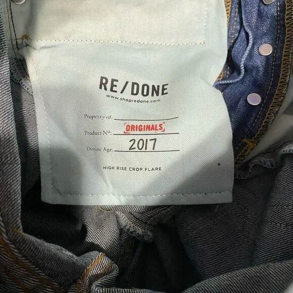 RE/DONE Blue Dark Wash The Leandra High Rise Crop Flare Raw Hem Jeans 26