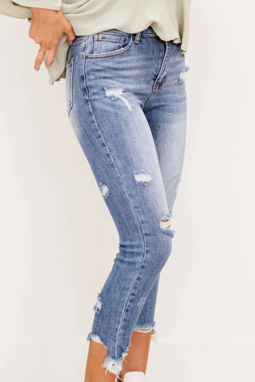 RISEN Simone High Rise Distressed Raw Hem Skinny Jeans