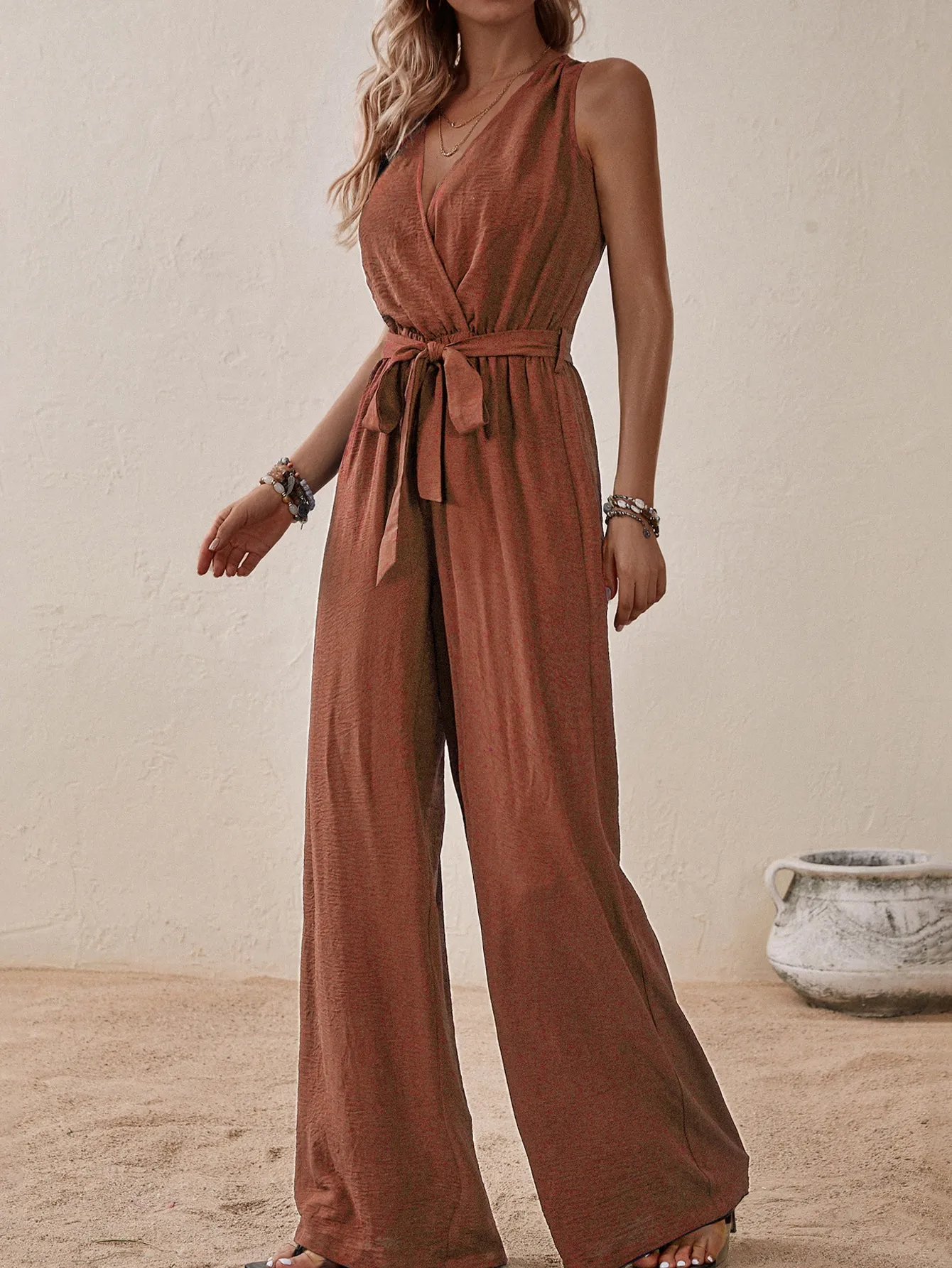 Rust Sleeveless Jumpsuit With Tie Up