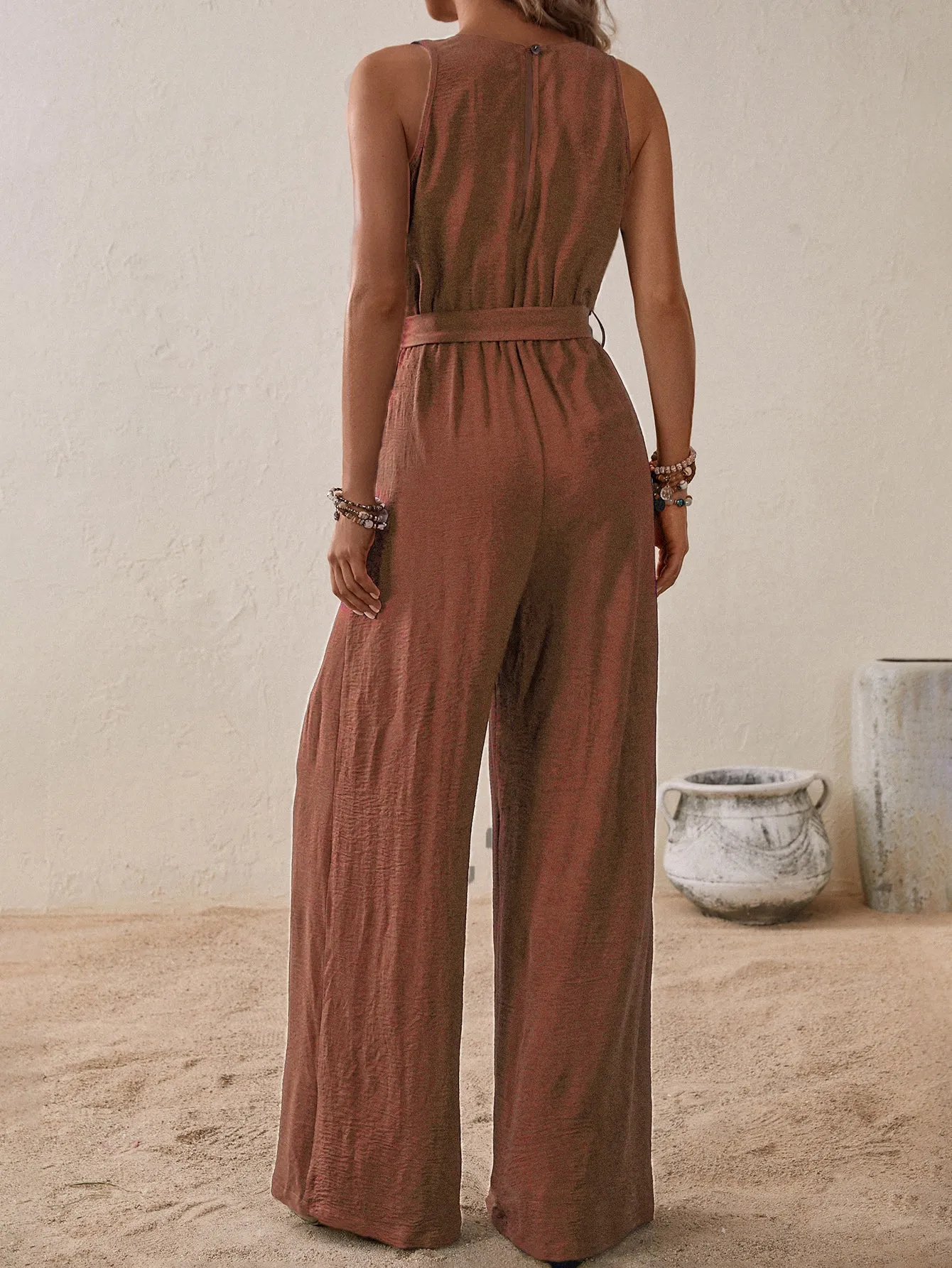 Rust Sleeveless Jumpsuit With Tie Up