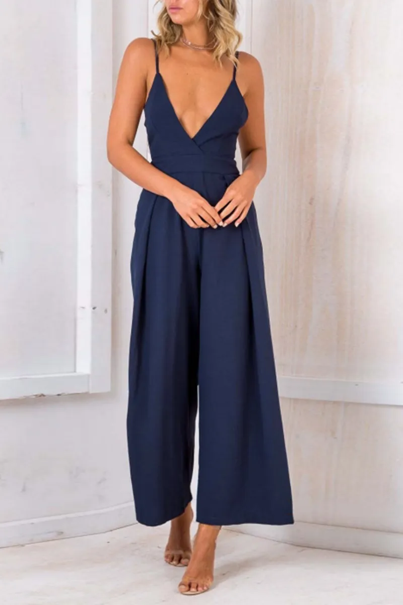 Sexy Solid Split Joint Spaghetti Strap Loose Jumpsuits