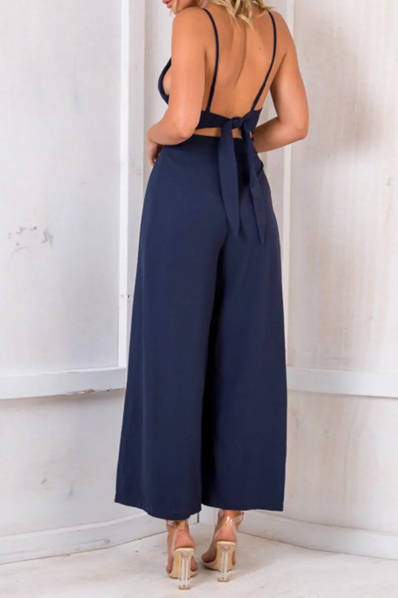 Sexy Solid Split Joint Spaghetti Strap Loose Jumpsuits