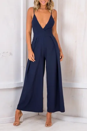 Sexy Solid Split Joint Spaghetti Strap Loose Jumpsuits
