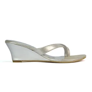 Shona Toe Post Slip On Low Flip Flop Wedge Heel Sandal Mules in Silver