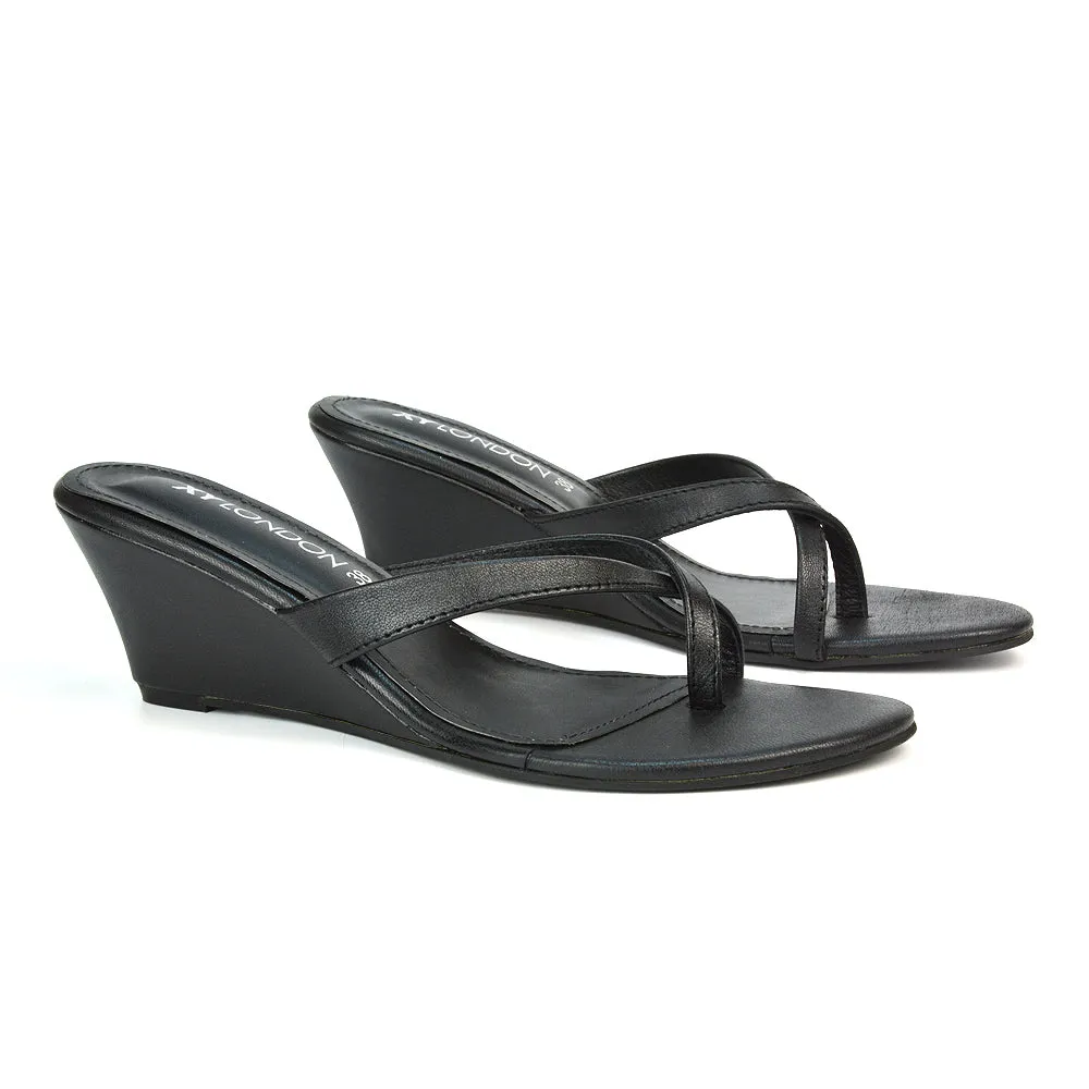Shona Toe Post Slip On Low Flip Flop Wedge Heel Sandal Mules in Silver