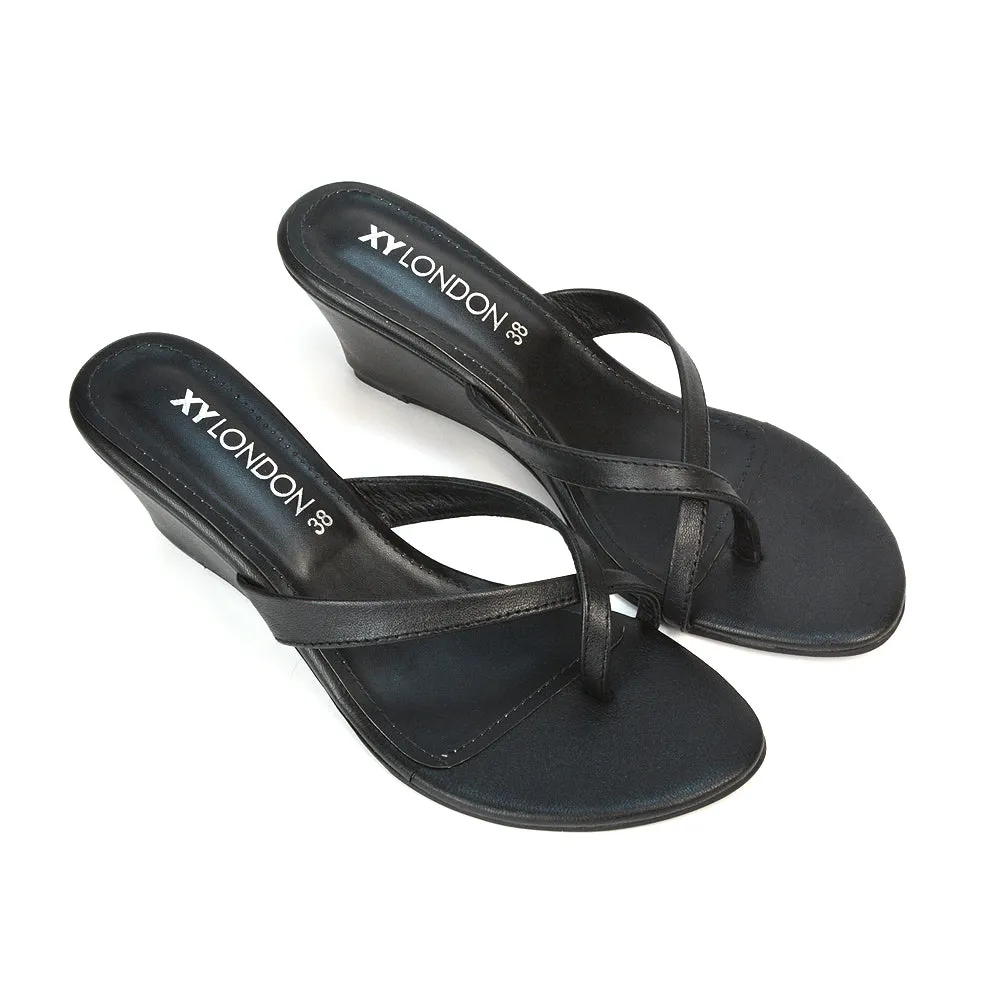 Shona Toe Post Slip On Low Flip Flop Wedge Heel Sandal Mules in Silver