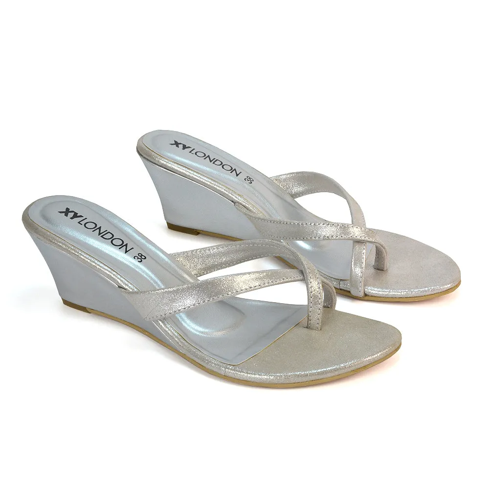Shona Toe Post Slip On Low Flip Flop Wedge Heel Sandal Mules in Silver