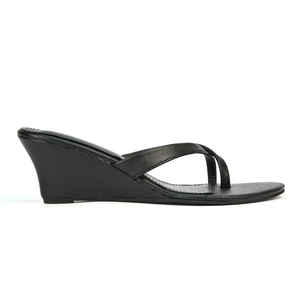 Shona Toe Post Slip On Low Flip Flop Wedge Heel Sandal Mules in Silver