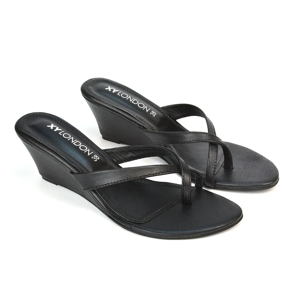 Shona Toe Post Slip On Low Flip Flop Wedge Heel Sandal Mules in Silver
