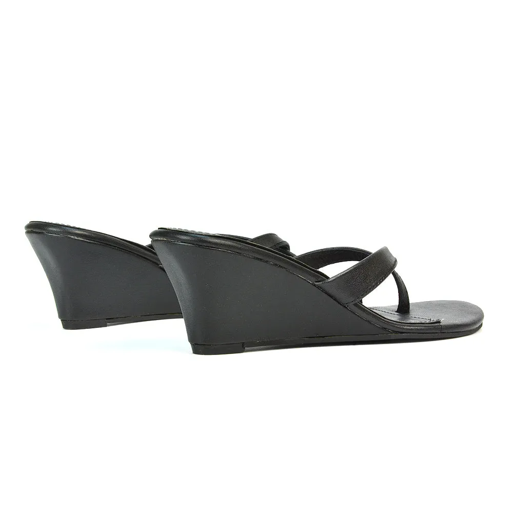 Shona Toe Post Slip On Low Flip Flop Wedge Heel Sandal Mules in Silver