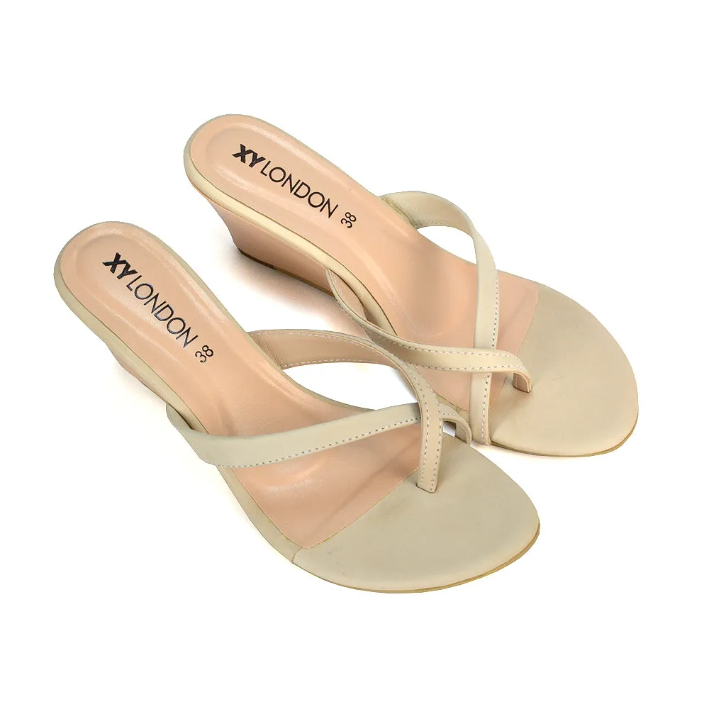 Shona Toe Post Slip On Low Flip Flop Wedge Heel Sandal Mules in Silver