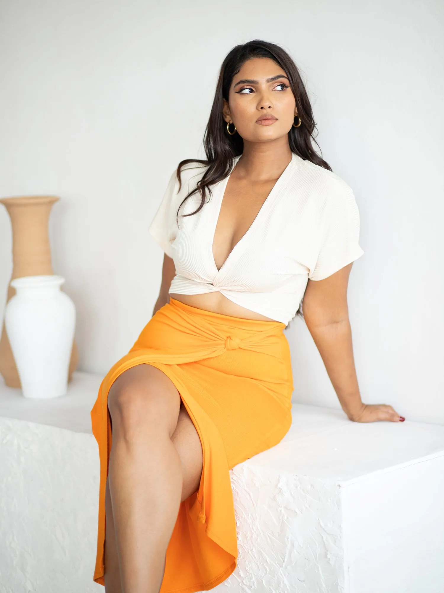 Side Knot Detail Midi Skirt