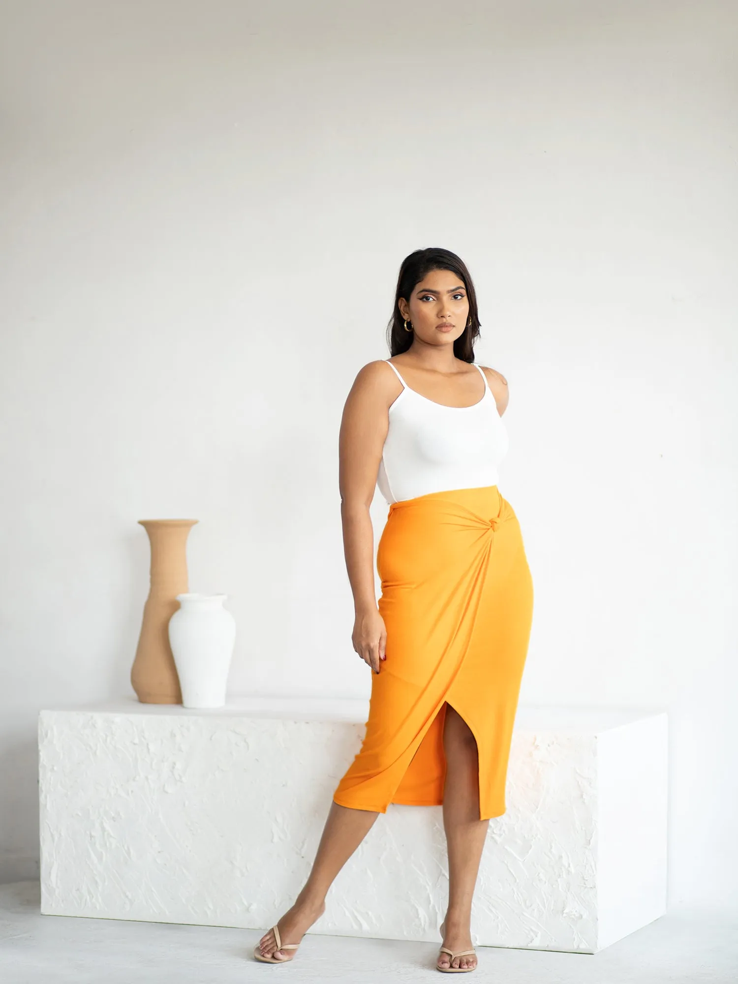 Side Knot Detail Midi Skirt