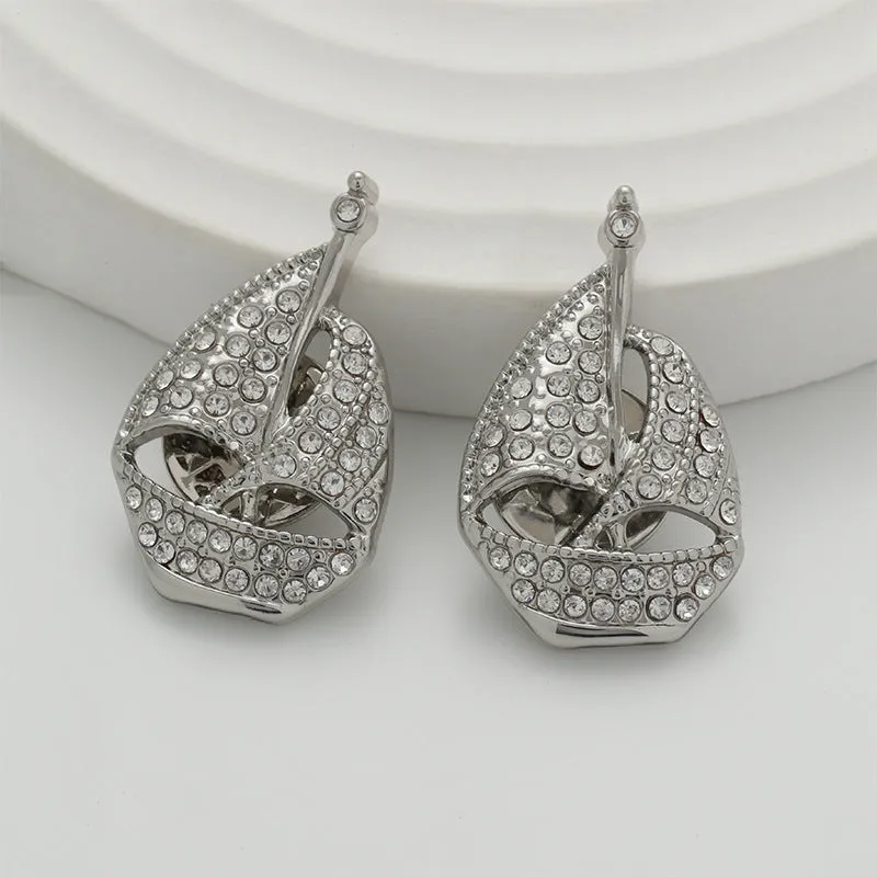 Silver Sailboat Full Diamond Design Fashion Metal Brooch Pin 2pcs